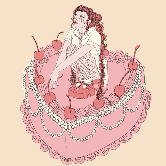 Graphic artwork featuring illustrated images of a MARiMARi sitting on a cake.