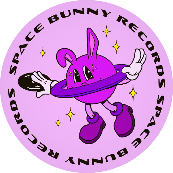 Space Bunny logo featuring an illustrated imgae of a purple bunny with stars around them,