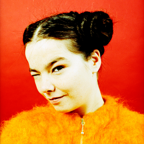 An image of Bjork, styled with dark hair in a bun, wearing a vibrant orange furry garment, gives a playful, sideways glance against a vivid red background.
