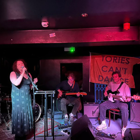 A vocalist and two guitarists perform live music on stage under moody lighting, with a banner reading "TORIES CAN'T DANCE" prominently displayed in the background.