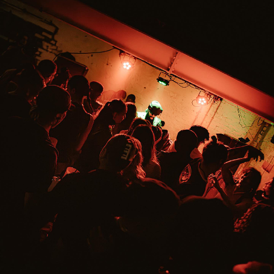 A shot taken from the back of a music venue with a busy crowd and a person perfomring on stage.