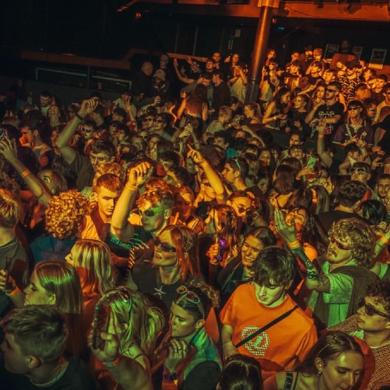 A crowded concert scene with numerous people enjoying a live music event.