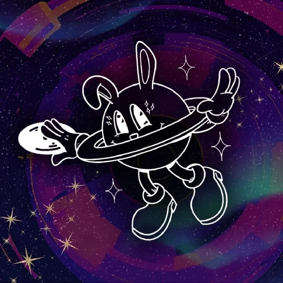 Space Bunny logo featuring an illustrated imgae of a purple bunny with stars around them,