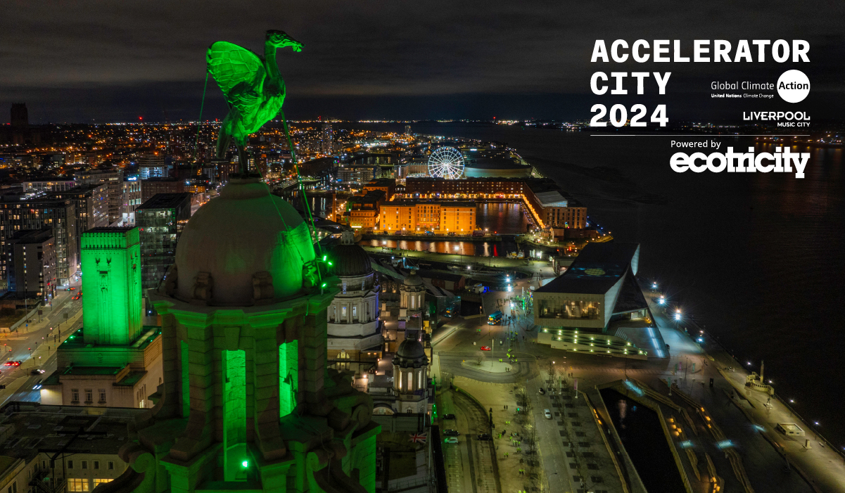 Image of the Liverpool skyline with the Royal Liver Building lit up green and the text Accelerator City