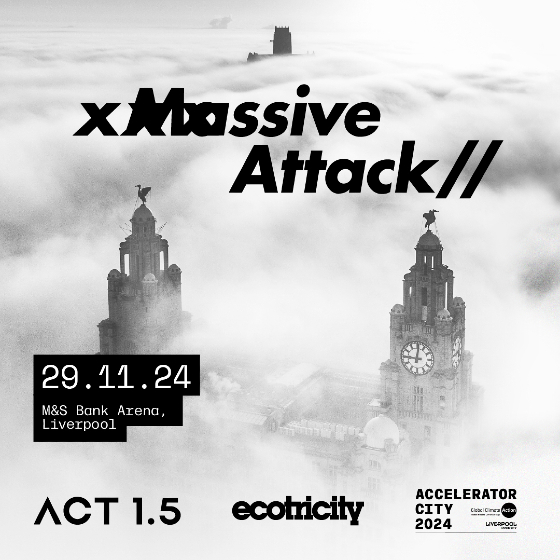 Skyline of Liverpool surrounded by fog and clouds with the Royal Liver Building and Anglican Cathedral popping through, with the text Massive Attack and their performance date at M&S Bank Arena on 29 November 2024