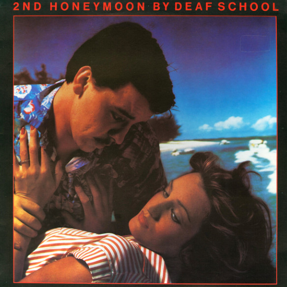 An album cover for Deaf School's 2nd Honeymoon featuring a couple in an embrace