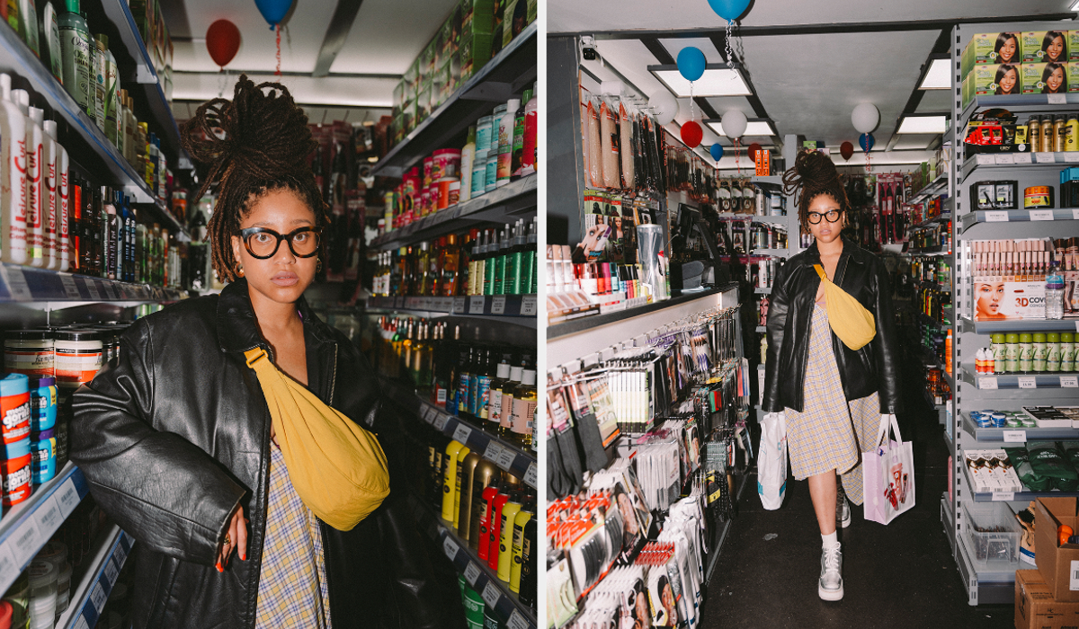 Two images side-by-side of a woman in a convenience store