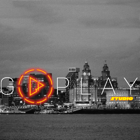 The Liverpool waterfron in black and whtie with 'GO PLAY STUDIOS' logo overlaying the image