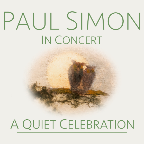 A graphic for 'Paul Simon In Concert: A Quiet Celebration.' The design features large green text on a light background. At the centre is a soft, watercolour-style illustration of two owls perched together against a glowing circular backdrop, resembling a moon.