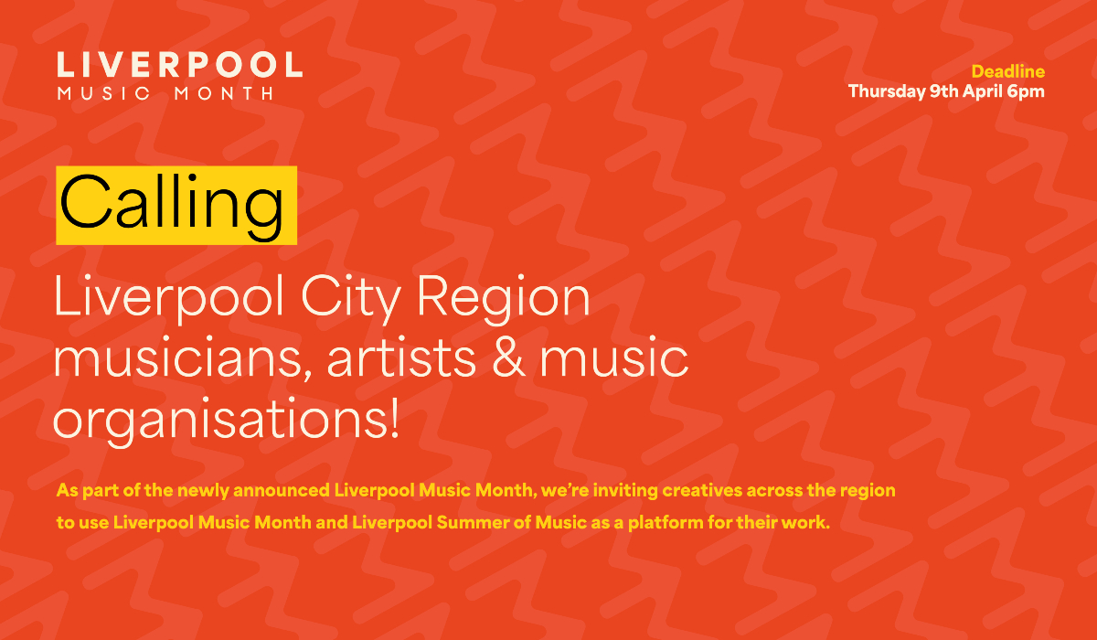 A promotional graphic for Liverpool Music Month with an orange background patterned with abstract hand shapes. The top-left corner displays the text 'Liverpool Music Month'. Below, a yellow box highlights the word 'Calling', followed by large white text reading: 'Liverpool City Region musicians, artists & music organisations!' Smaller yellow text explains that creatives are invited to use Liverpool Music Month and Liverpool Summer of Music as a platform for their work. In the top‑right corner, white text reads 'Deadline' with 'Thursday 9th April 6pm' in yellow.