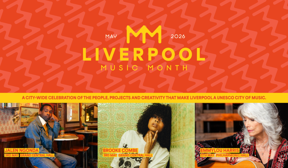 A promotional graphic for Liverpool Music Month 2026. The top section has an orange background with zig‑zag patterns, the event logo, and the text 'May 2026 Liverpool Music Month.' Below it is a yellow banner reading: 'A city‑wide celebration of the people, projects and creativity that make Liverpool a UNESCO City of Music. The lower section features three rectangular photos of performers: On the left, a person seated at a table inside a warmly lit venue, next to text reading: 'Jalen Ngonda - 2nd May, Grand Central Hall.' In the centre, a person sitting in front of a patterned wall, with text reading: 'Brooke Combe - 2nd May, Grand Central Hall.' On the right, a person holding a guitar, with text reading: 'Emmylou Harris - 11th May, Philharmonic Hall.' The overall design uses orange, yellow, and red tones.