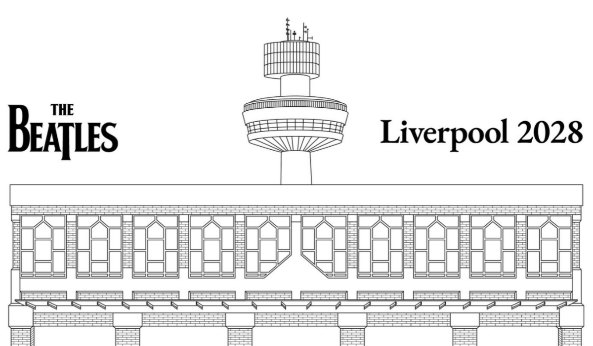 A line drawing of a building in Liverpool with the Beatles logo and Liverpool 2028 either side of it.